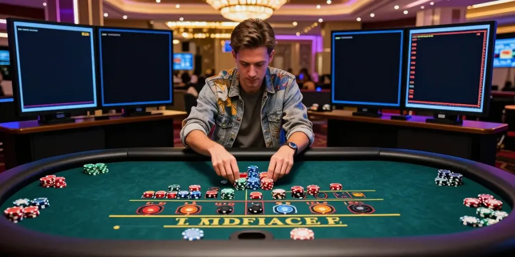 Engaged player at FC88 online casino roulette table, colorful chips and screens.