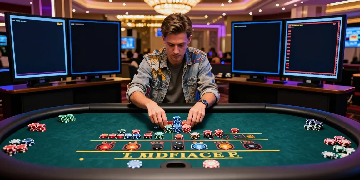 Engaged player at FC88 online casino roulette table, colorful chips and screens.