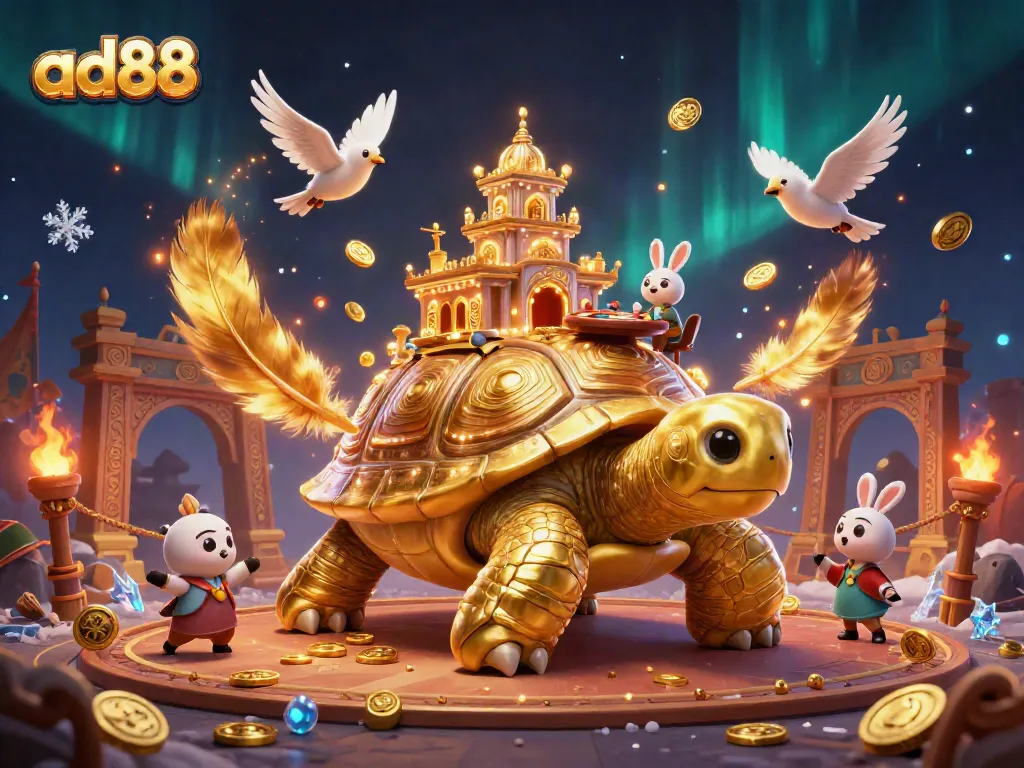 Win big at ad88 with a vibrant 3D scene featuring a golden tortoise casino and a rabbit dealer.