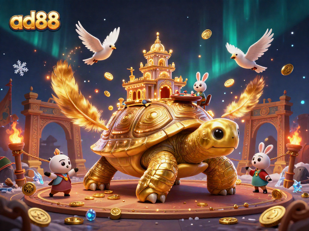 Win big at ad88 with a vibrant 3D scene featuring a golden tortoise casino and a rabbit dealer.