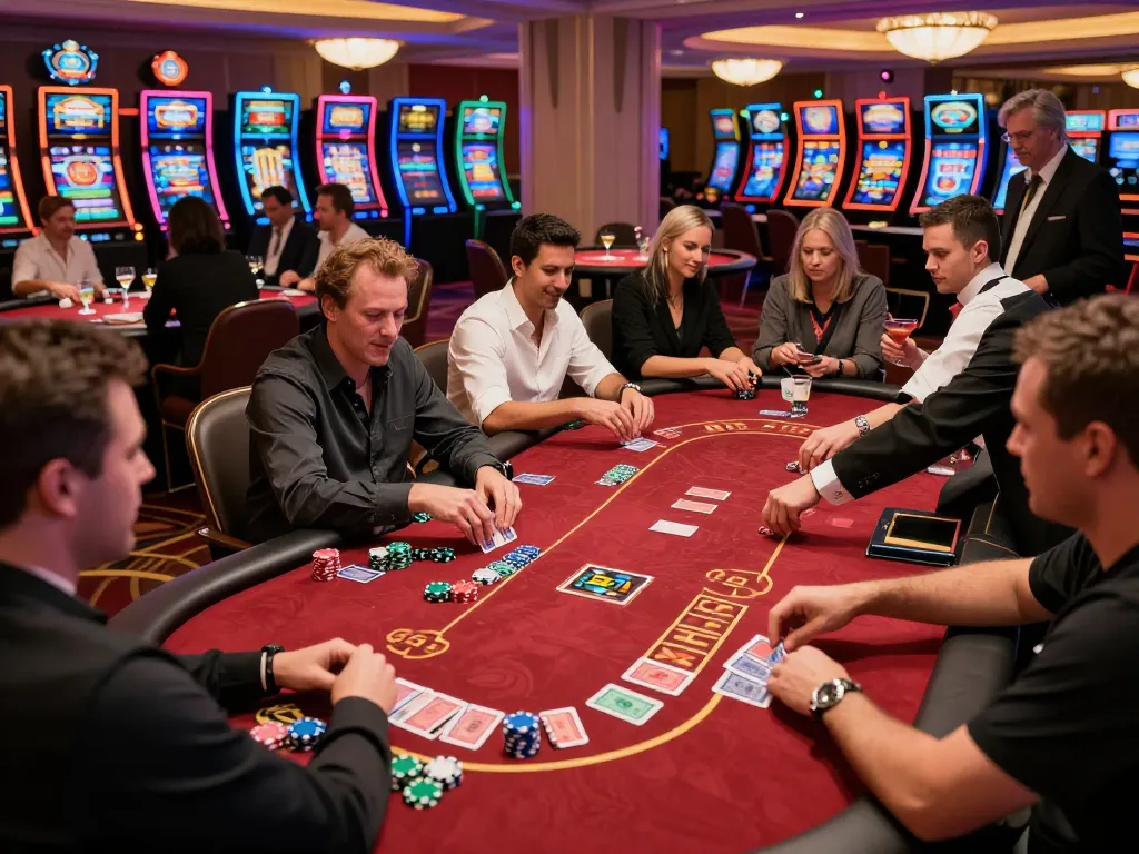 Hitclub players enjoying high-stakes poker game with lively atmosphere and elegant décor.