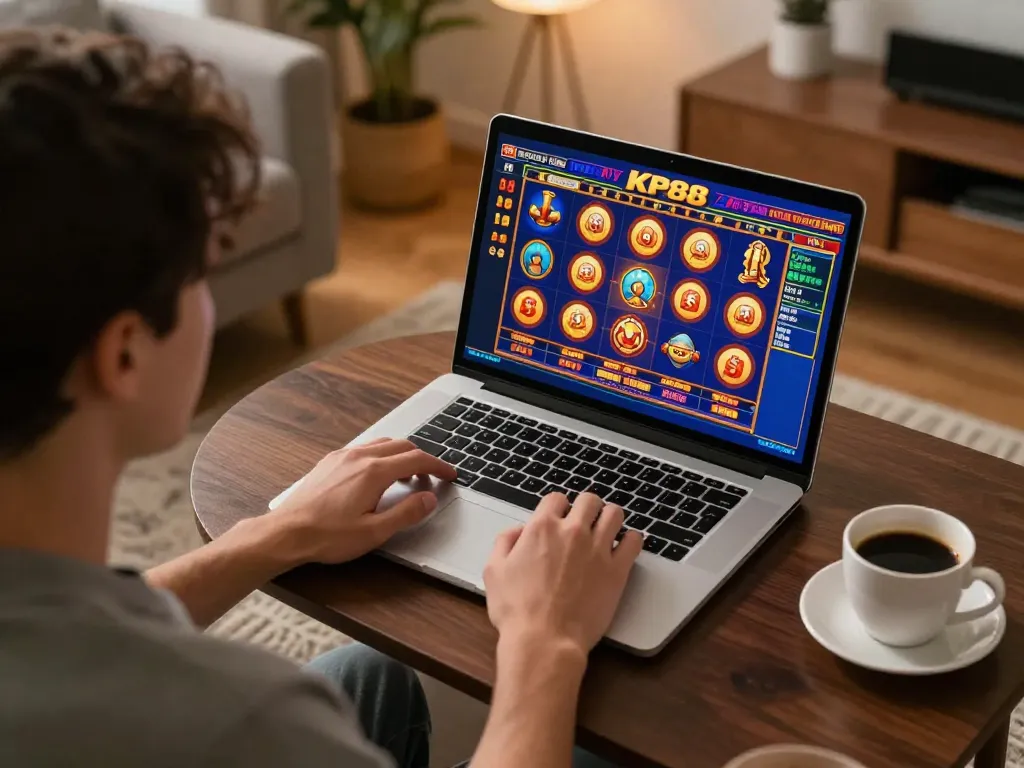 Player engaging with KP88 online casino on laptop, showcasing a cozy gaming atmosphere.