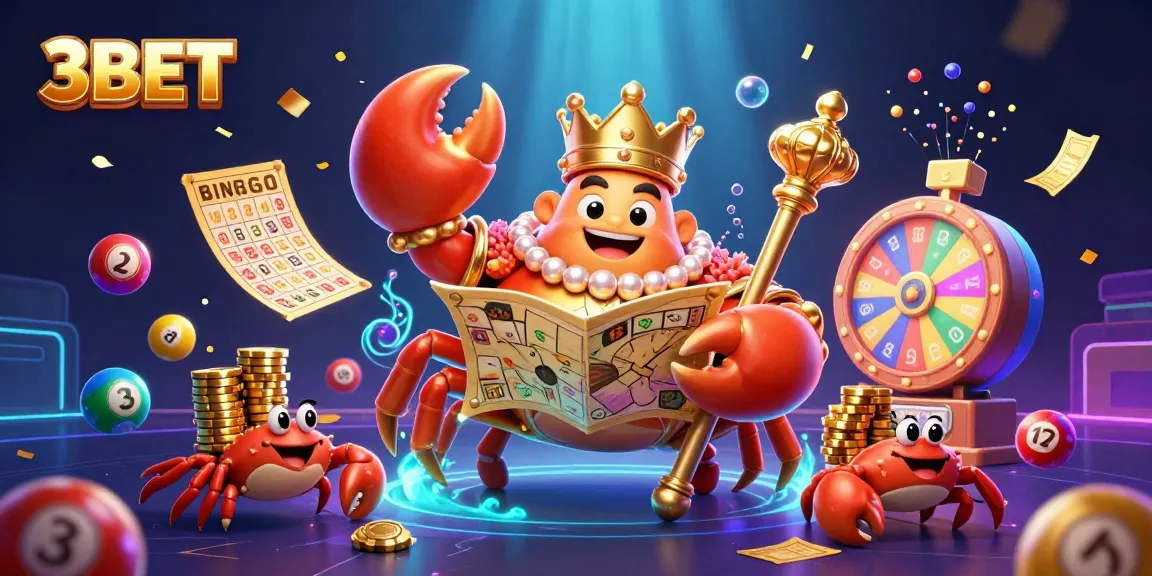 Experience the excitement of 3BET with vibrant lottery balls and a golden crab emperor amidst a treasure-rich scene.