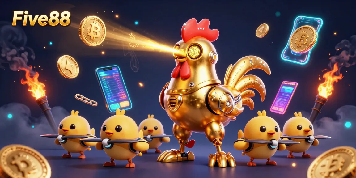 Engage in thrilling action with Five88 as the futuristic golden rooster robot captures the essence of the casino experience.