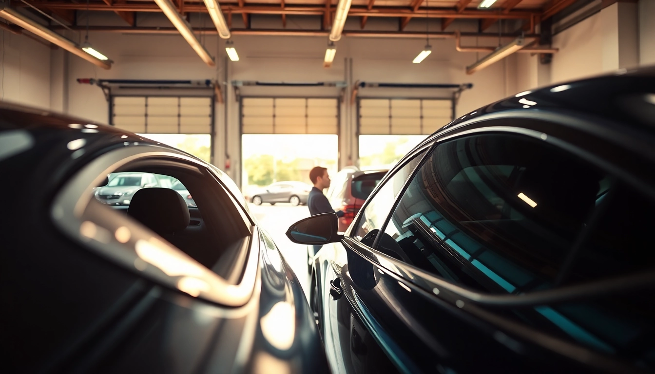 Install auto window tint near me while a technician applies film to a vehicle window.