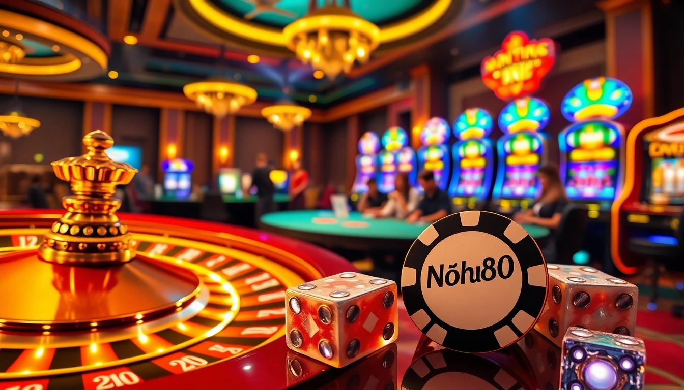 Nohu90 casino atmosphere with vibrant slot machines, poker tables, and roulette wheel.