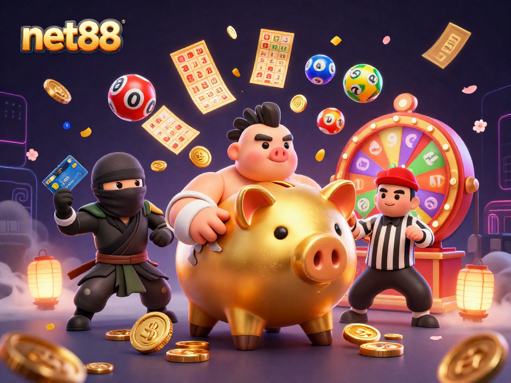 Engage in thrilling gameplay with net88 as a golden piggy bank sumo wrestler dominates the scene.