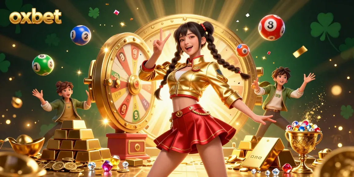 Experience the excitement of oxbet with a vibrant 3D casino illustration depicting a lucky winner amidst lottery balls and gold bars.