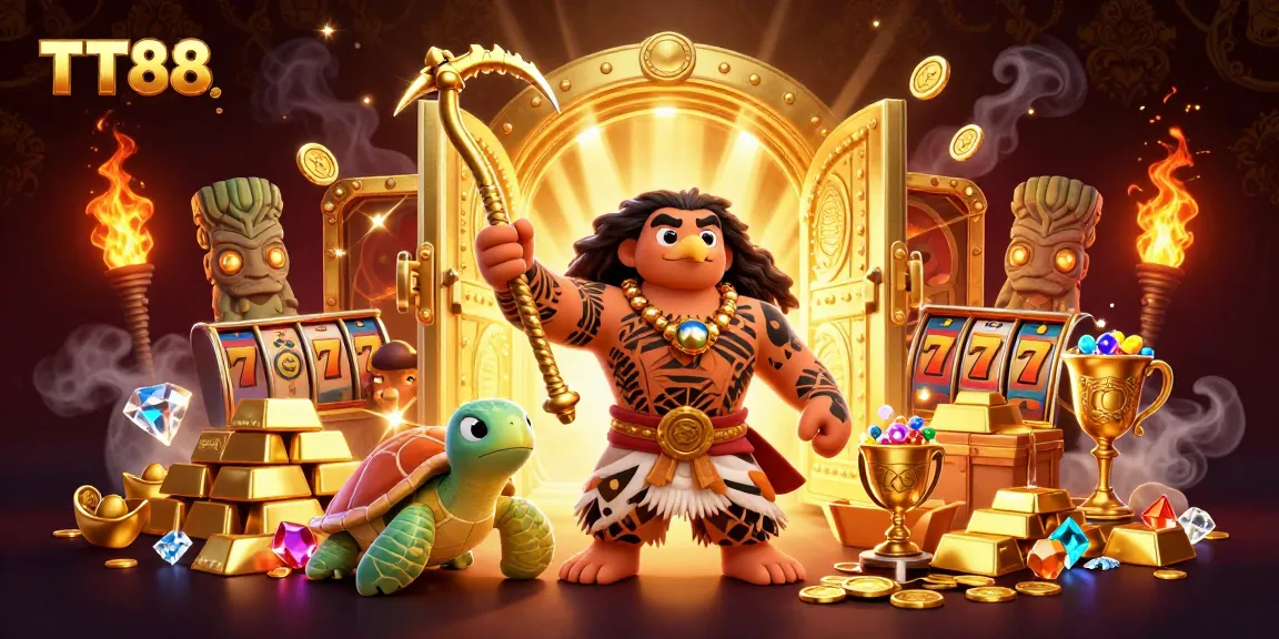 Experience the excitement of TT88 with a vibrant casino scene filled with treasures and gaming slots.