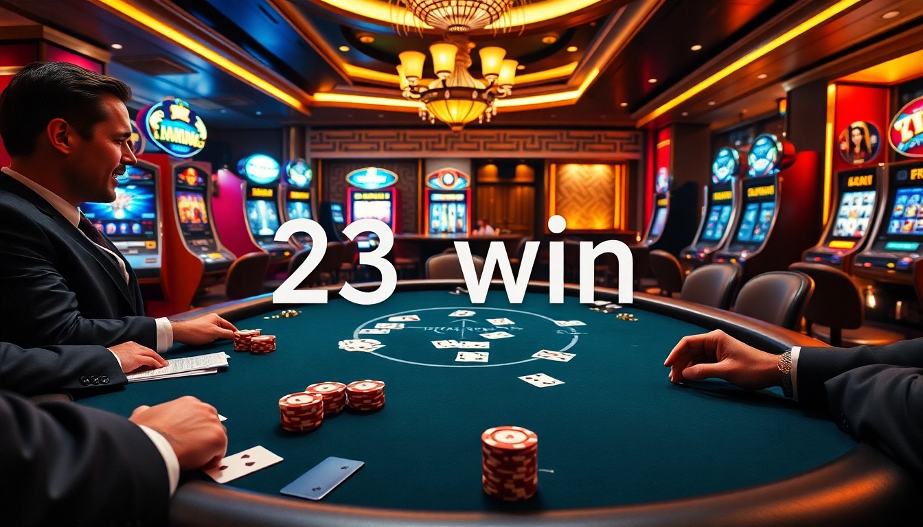 Exciting poker game at 23win casino, featuring players, chips, and cards.