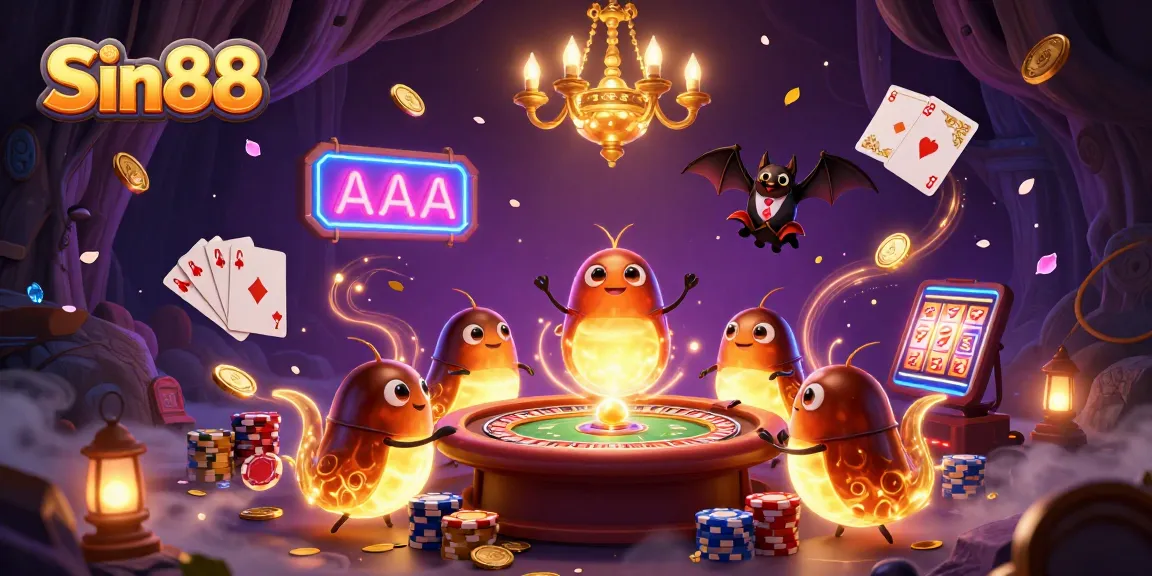 Experience the thrill of Sin88 in a vibrant 3D casino with glowing characters, coins, and games.