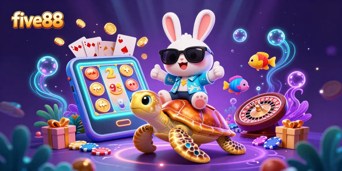 Join the five88 gaming adventure with a lucky rabbit and golden turtle in a vibrant casino scene.