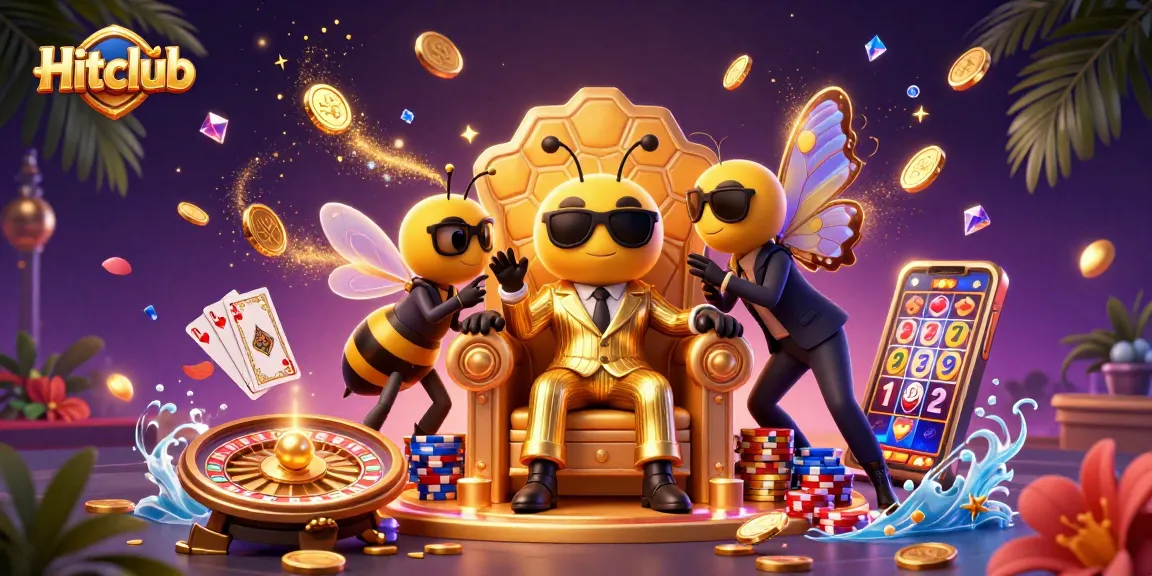 Hitclub players enjoy winning big with vibrant casino elements in a 3D digital illustration.