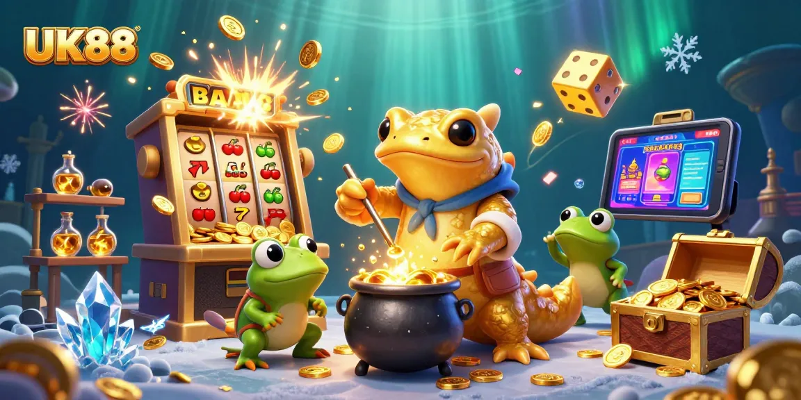 A dynamic illustration showcasing UK88's golden salamander alchemist amidst a jackpot explosion and vibrant casino motifs.