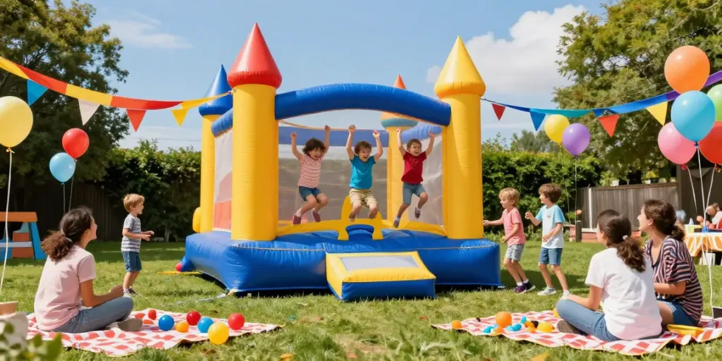 A cheerful bounce castle playground scene with kids laughing and jumping for joy during a sunny outdoor party.