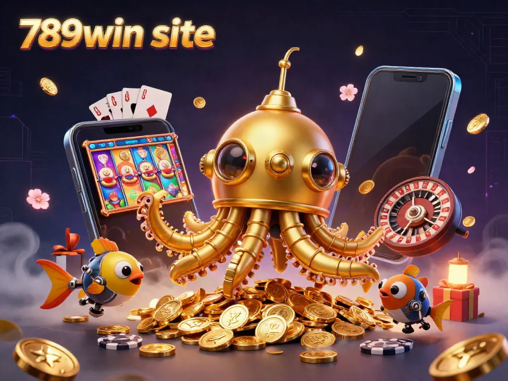 Play slots for big wins on the 789win site with a dazzling golden kraken and vibrant casino elements.