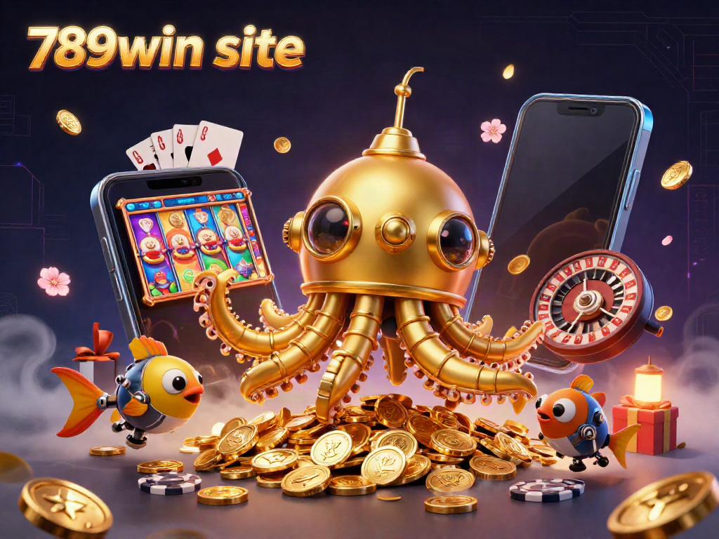 Play slots for big wins on the 789win site with a dazzling golden kraken and vibrant casino elements.
