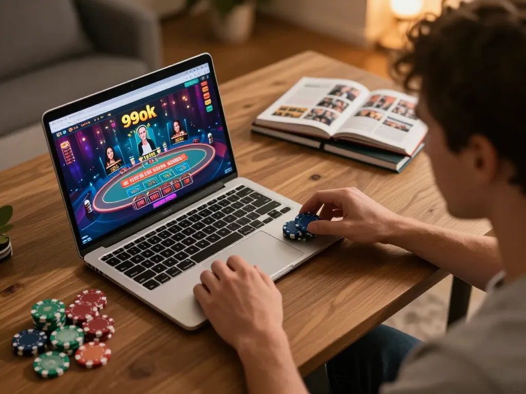 Player enjoying online casino games at 99ok with vibrant interface and strategic notes nearby