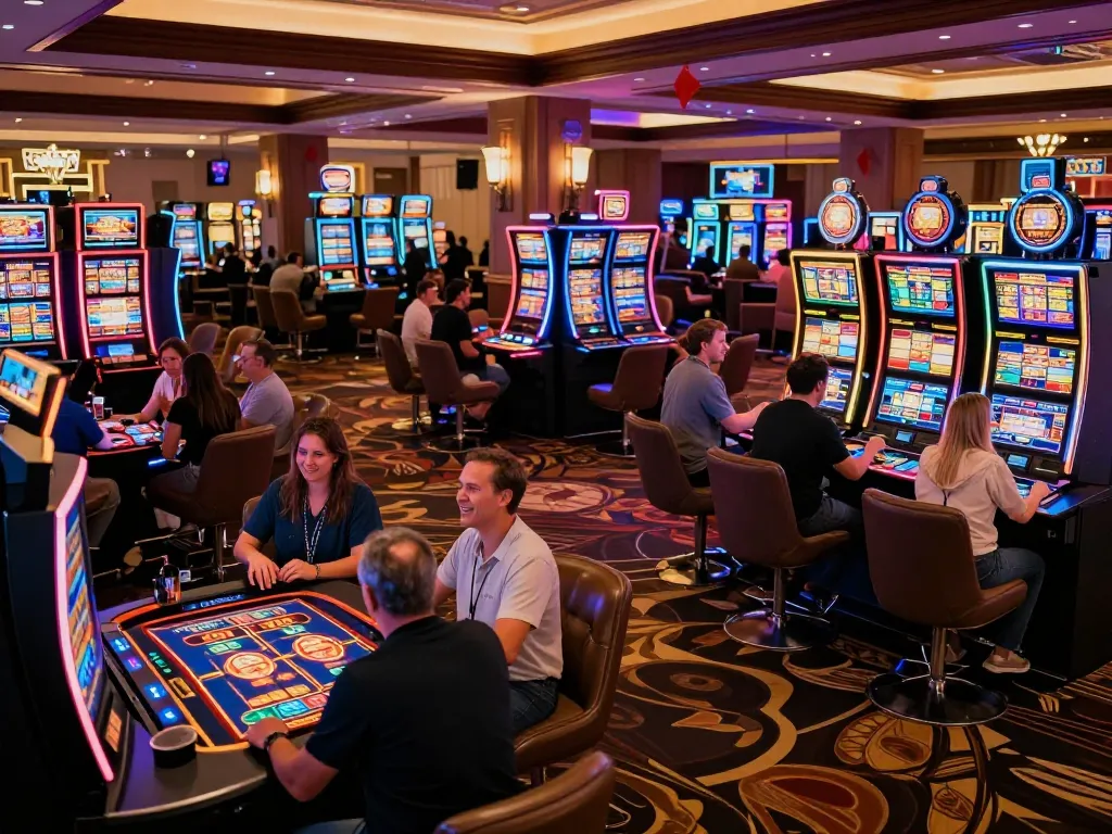 Players engaging with colorful slot machines at https://xx88gg.net/ showcasing a vibrant casino atmosphere.