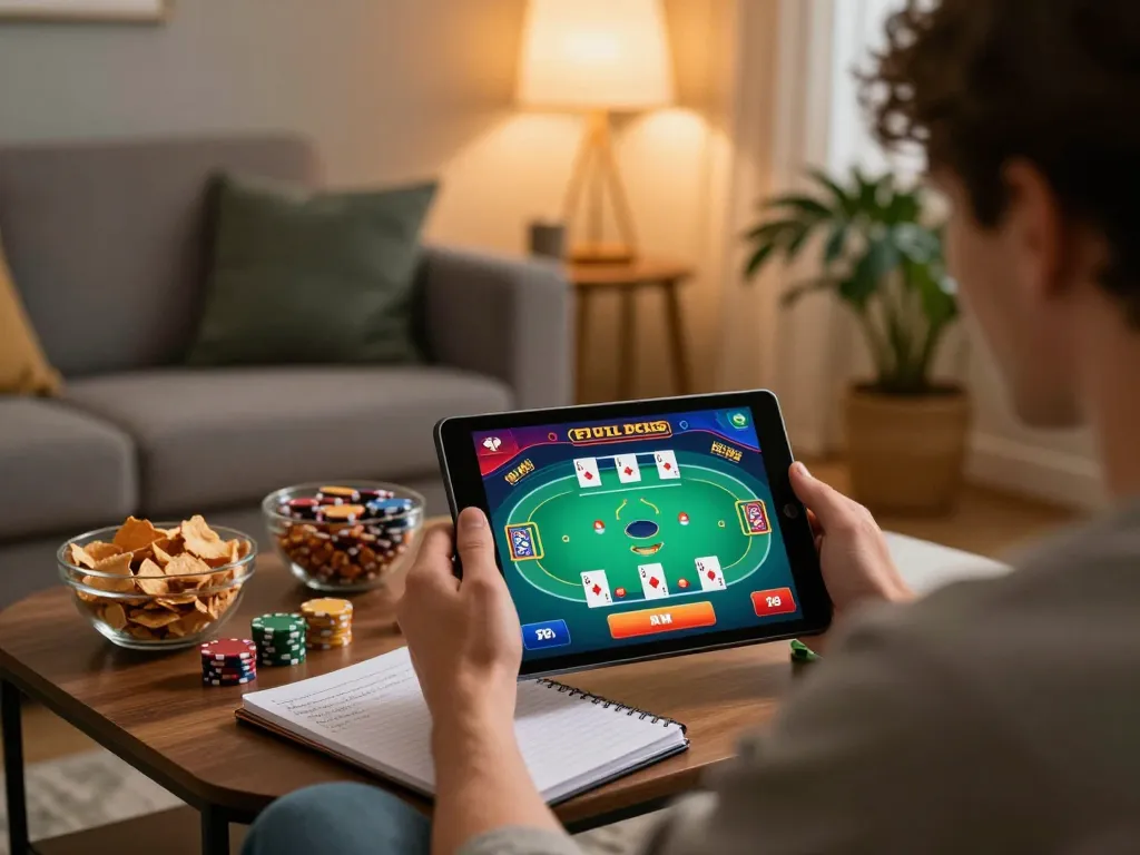 Cá cược Dabet player engaging in online poker game on a tablet in a cozy home setting.