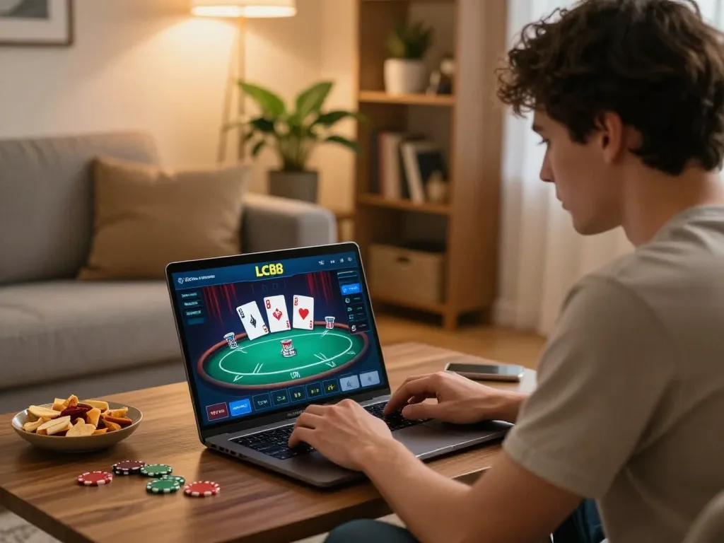 Engaged gamer using LC88 for online poker strategy in a cozy home setup