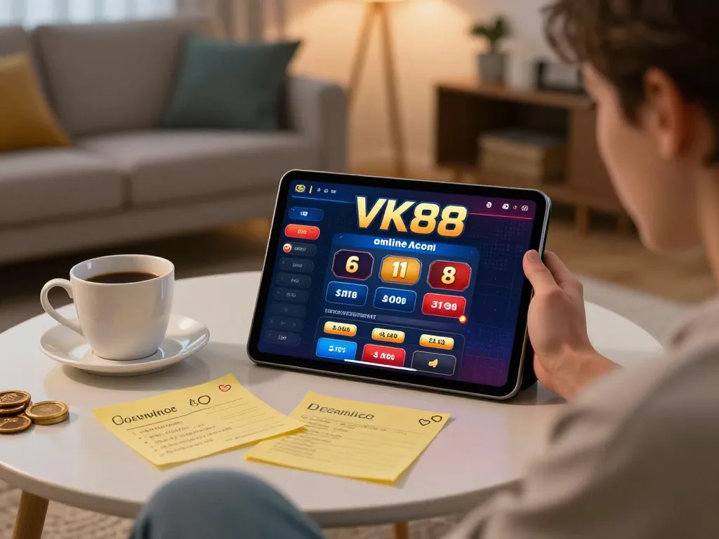 Engaged player exploring VK88 online casino on a tablet surrounded by betting notes.