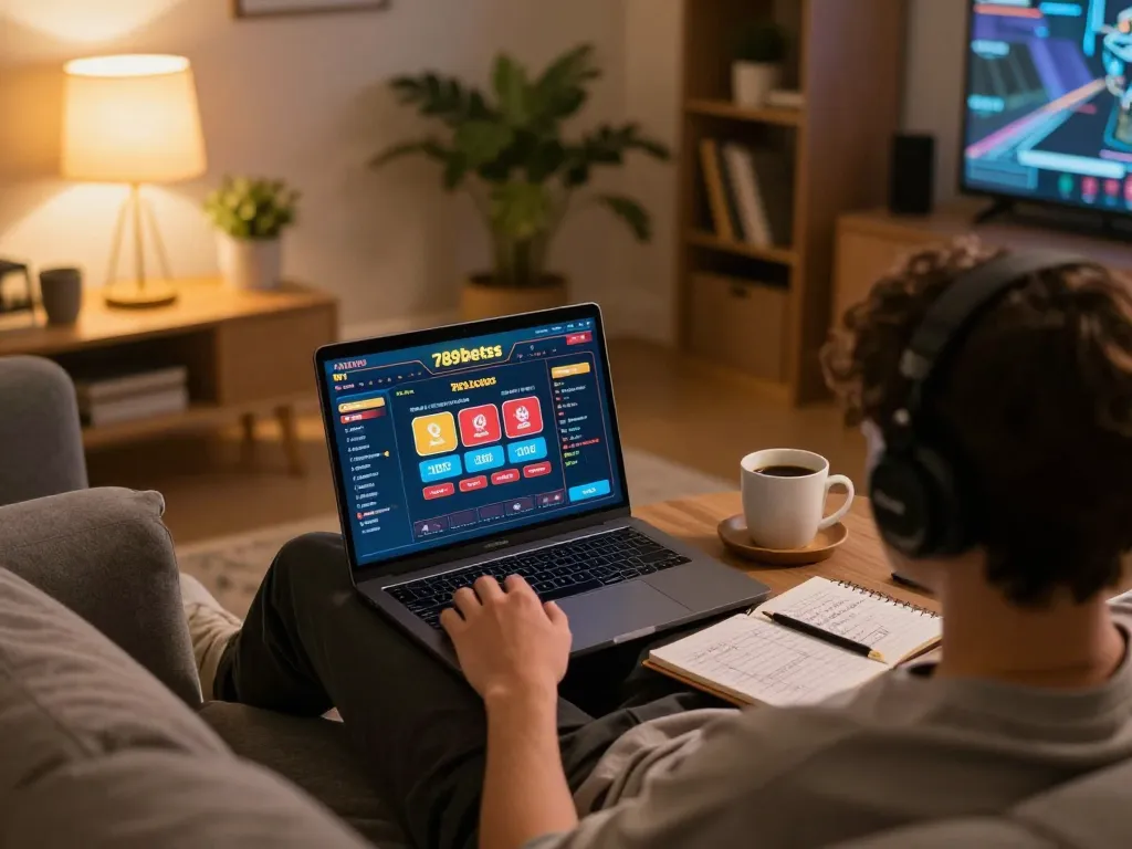 Engaged player using 789betss platform on laptop for an immersive online gambling experience.