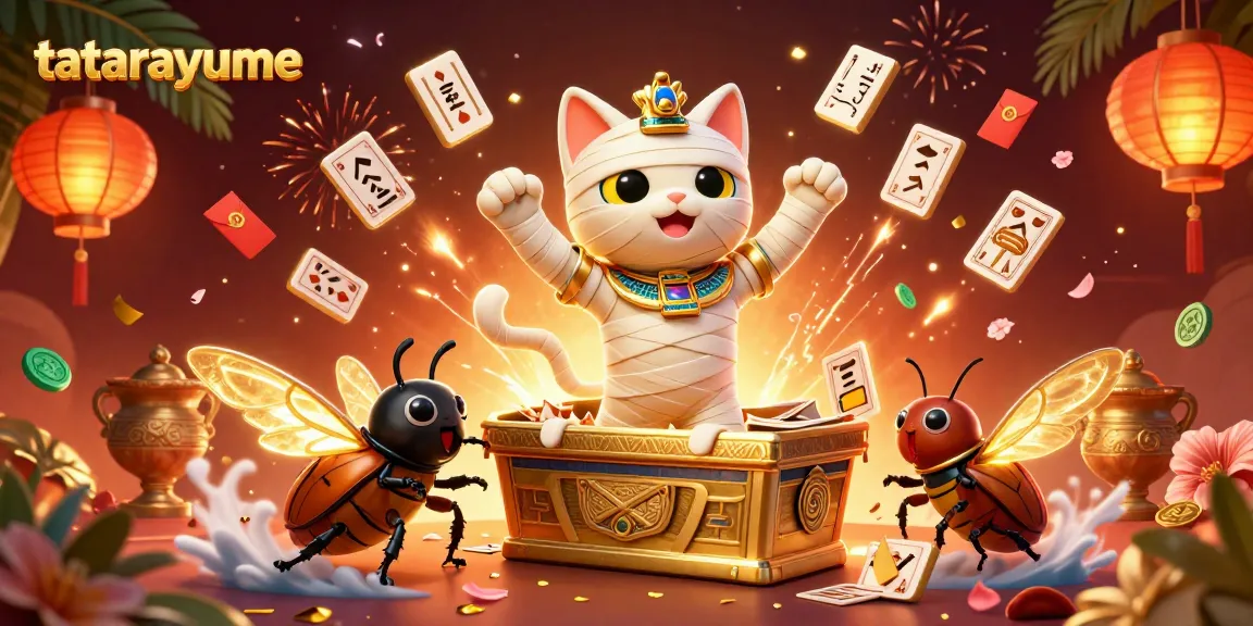 Experience the thrill of tatarayume with an Egyptian mummy cat and a beetle in a vibrant casino.