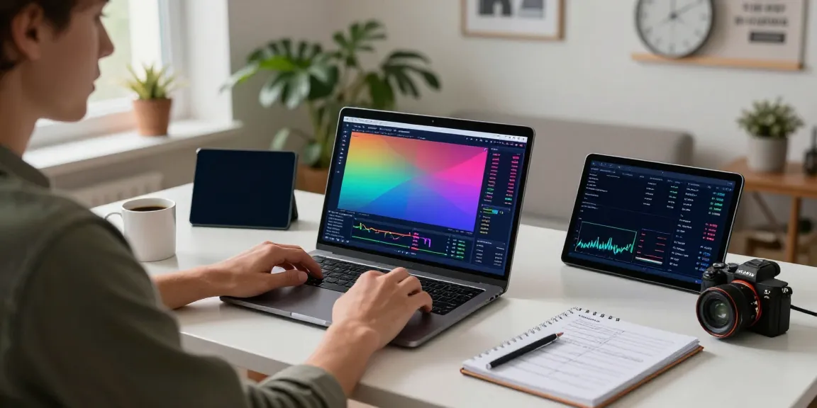 Innovative home workspace capturing a trader using quantumaiplatform.ca for automated trading insights.