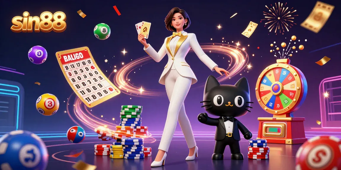 Experience thrilling moments with sin88 as dynamic lottery balls and confetti fill this vibrant casino scene.