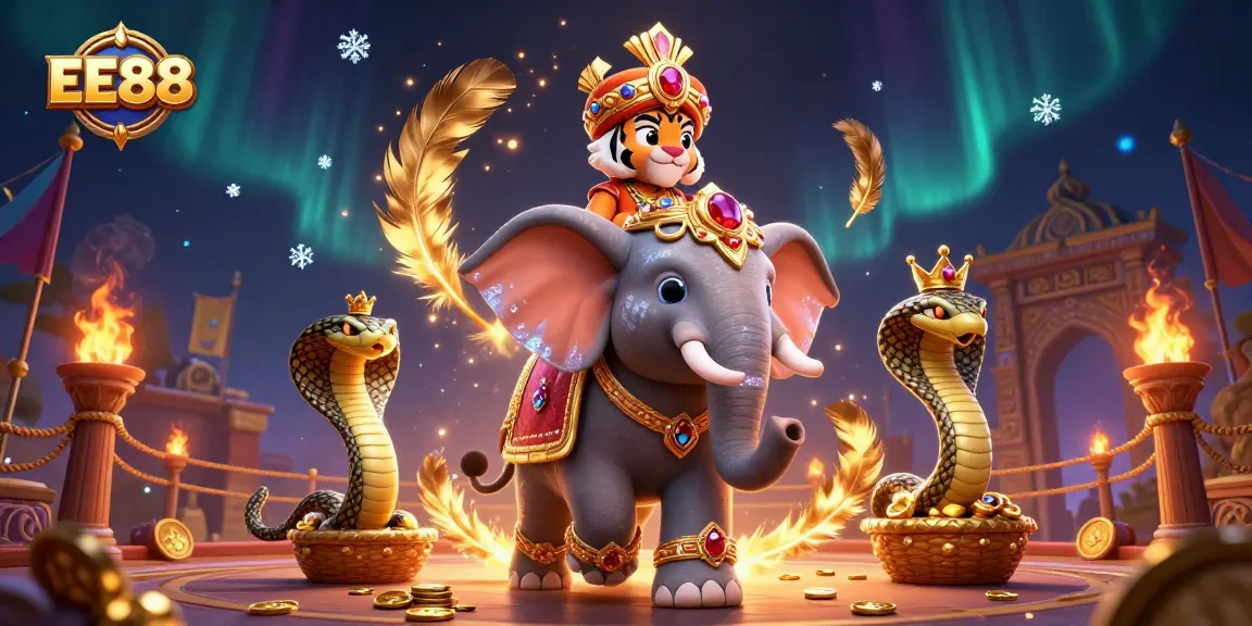 Engage with EE88's vibrant casino experience featuring a maharaja tiger and elephant, symbolizing rich rewards.