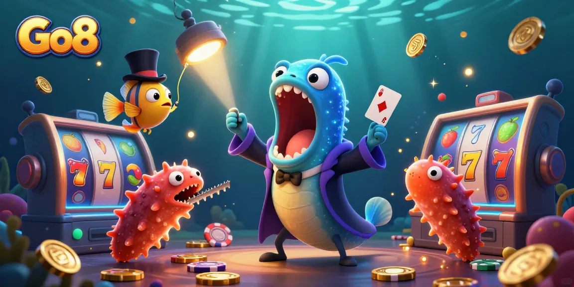 Engage in thrilling casino card tricks with Go8's vibrant gaming characters in dazzling underwater scenery.