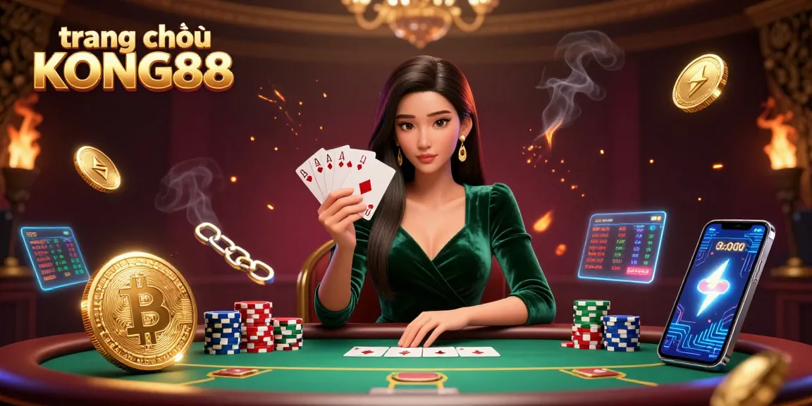 Engage with trang chủ KONG88 as you strategize at a luxurious poker table amidst dynamic crypto elements.