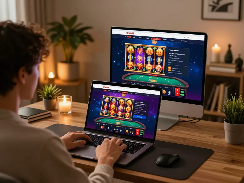 Player enjoying HELLO88 online casino gaming on a laptop at home, showcasing various games in a cozy environment.
