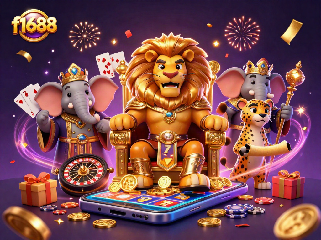 Experience thrilling gaming adventures with f1688, featuring a lion king and colorful slots.