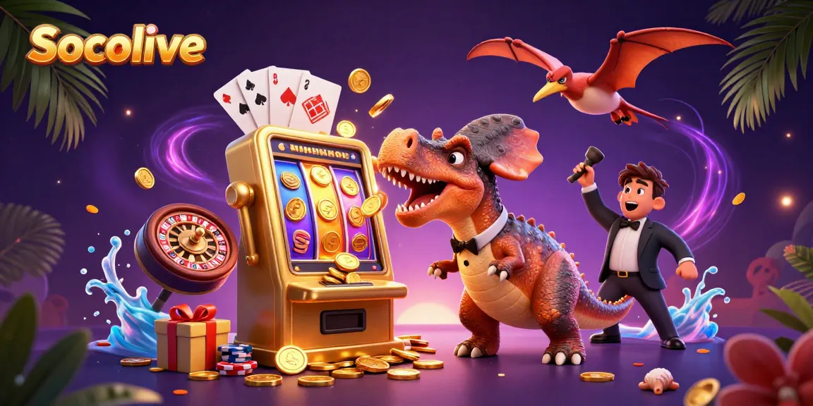 Socolive showcases a cartoon dinosaur winning coins from a golden slot machine in a vibrant casino scene.
