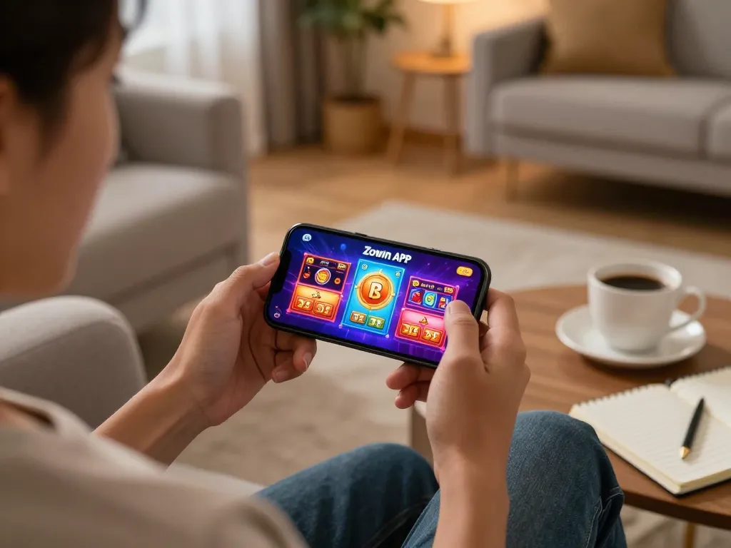 Zowin APK displayed on a smartphone during online gambling session on a cozy sofa.