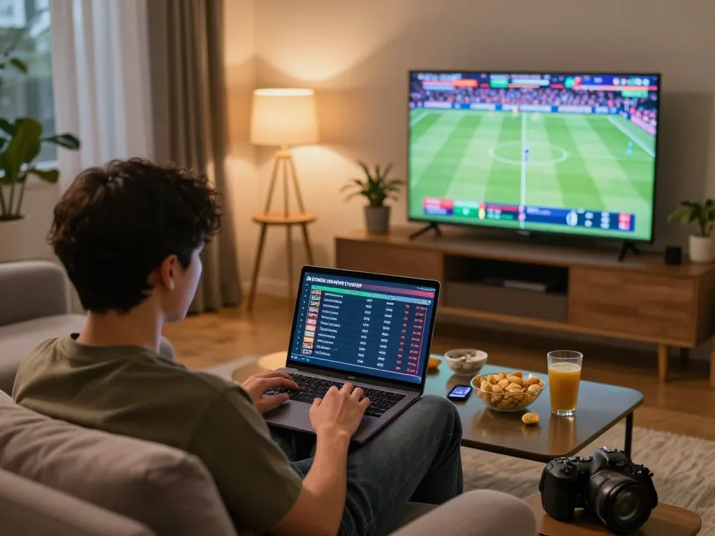 Engaging online betting action with Topbet on multiple screens in a cozy living room.