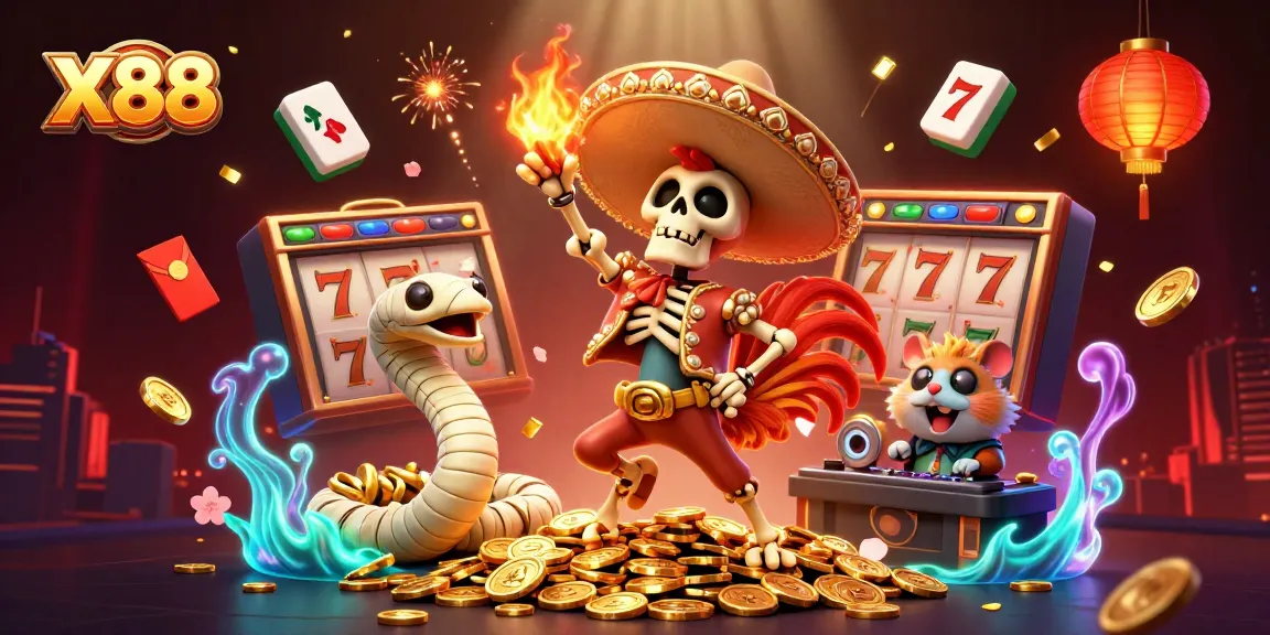 X88 slot game celebration with a skeleton mariachi rooster and lively casino elements.