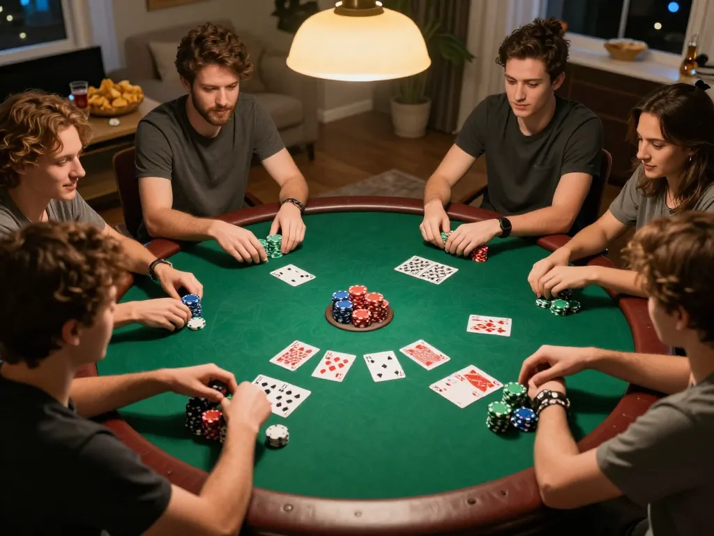 GO8 players engaged in a thrilling home poker game, showcasing strategy and camaraderie.