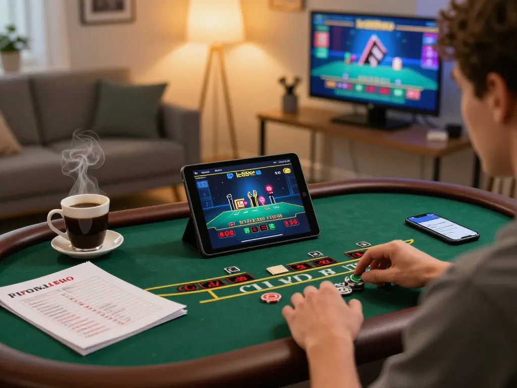 Player enjoying live dealer blackjack on lc88pro tablet in cozy home office setting.