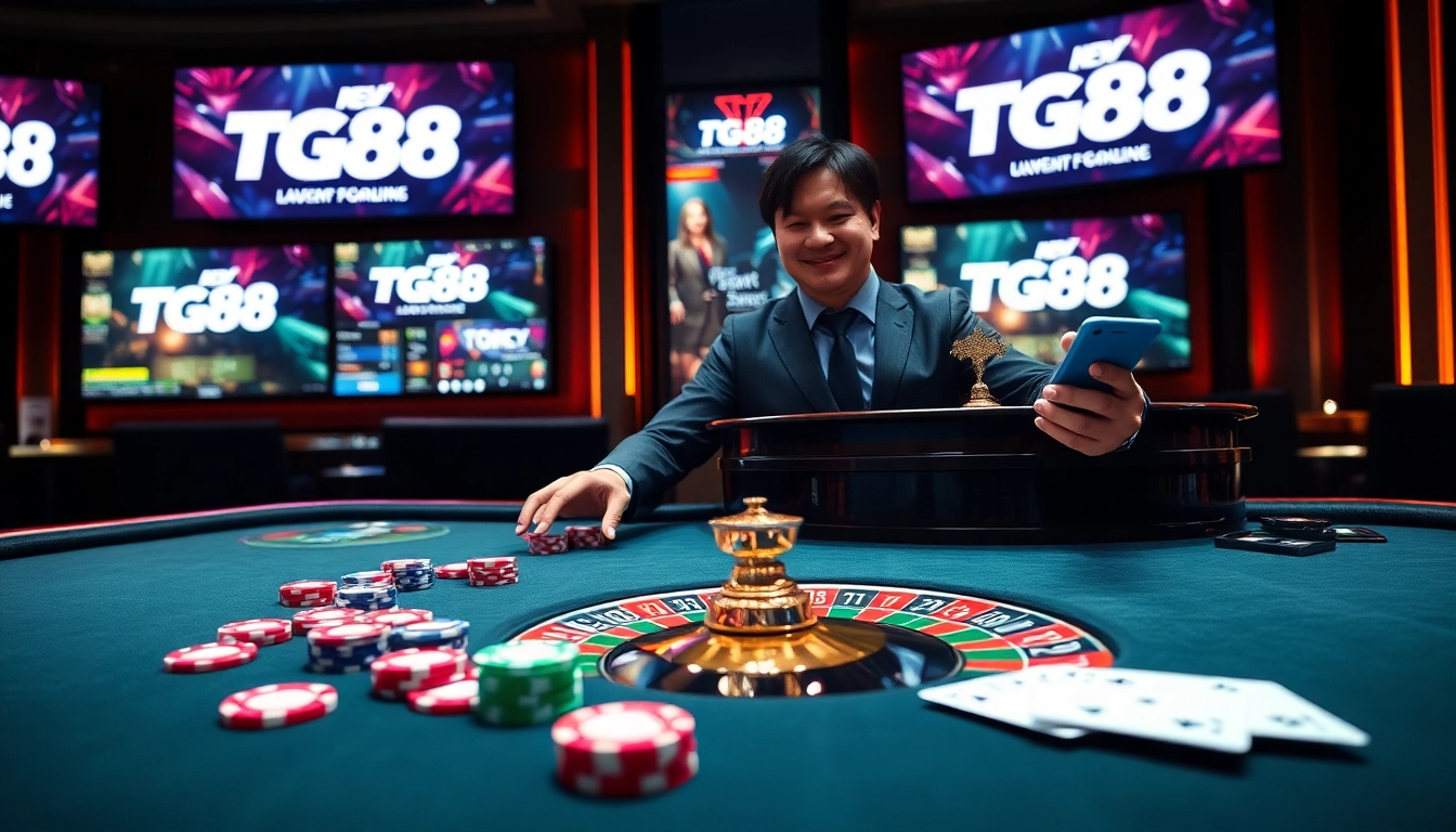 Experience the excitement of TG88 with engaging poker and roulette games in a luxurious online casino setting.
