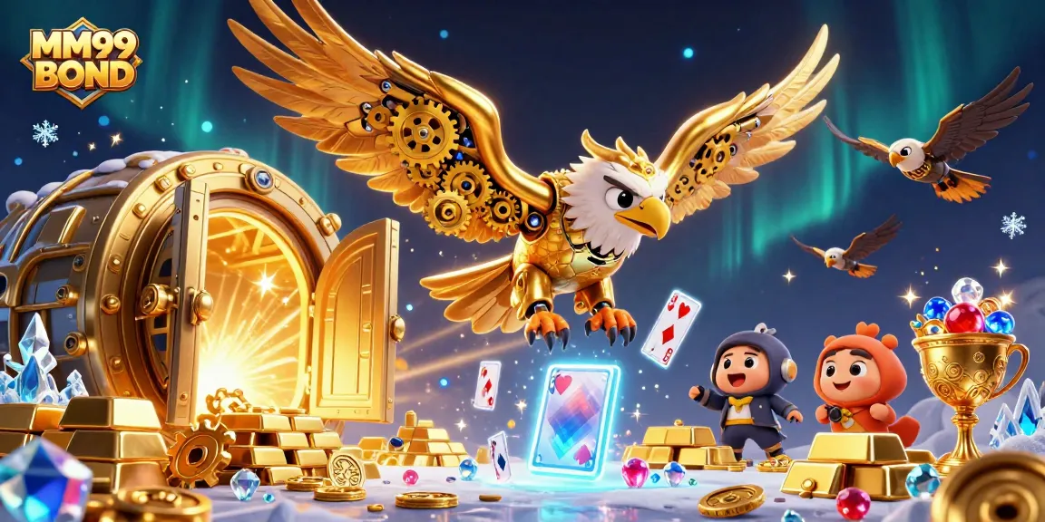 MM99 BOND showcases a golden eagle and casino treasures in an exciting online gambling scene.
