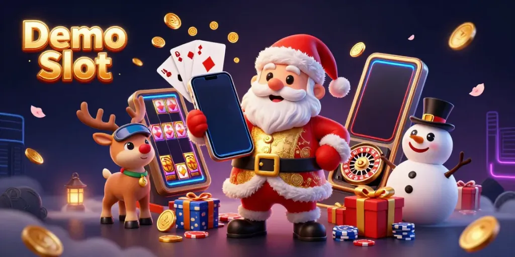 Experience the excitement of Demo Slot with Santa, a reindeer dealer, and a poker chip snowman in this festive scene.