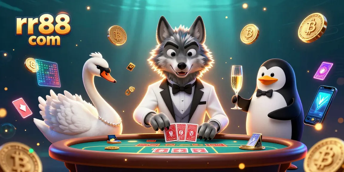 Play thrilling games at rr88 com with a stylish wolf, elegant swan, and penguin in a vibrant casino scene.