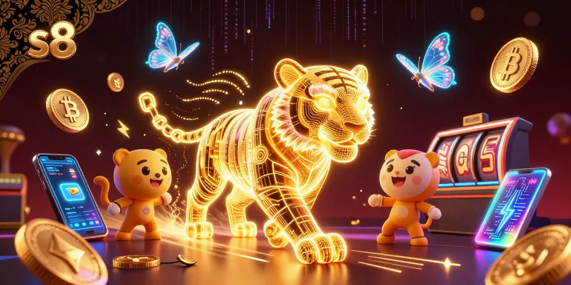 Join the thrill at s8 with a golden tiger navigating a lively digital casino landscape.