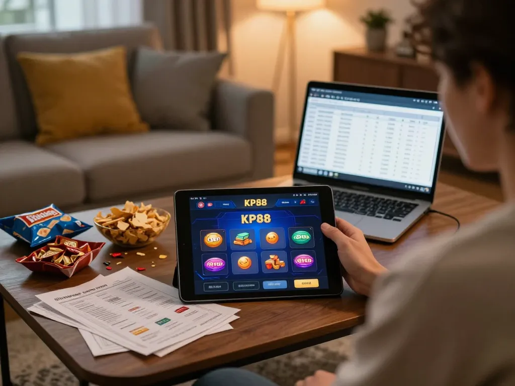 Player enjoying KP88 online casino on tablet amid snacks and strategy notes in a cozy living room.