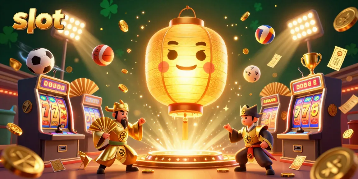Spin the slot reels in this vibrant casino scene with a glowing lantern spirit and golden warriors.