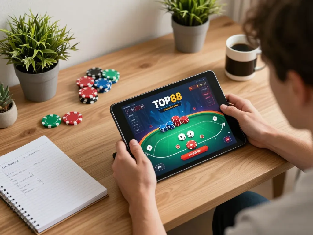 TOP88 tablet gaming session showcasing engaging poker gameplay with cozy home atmosphere.