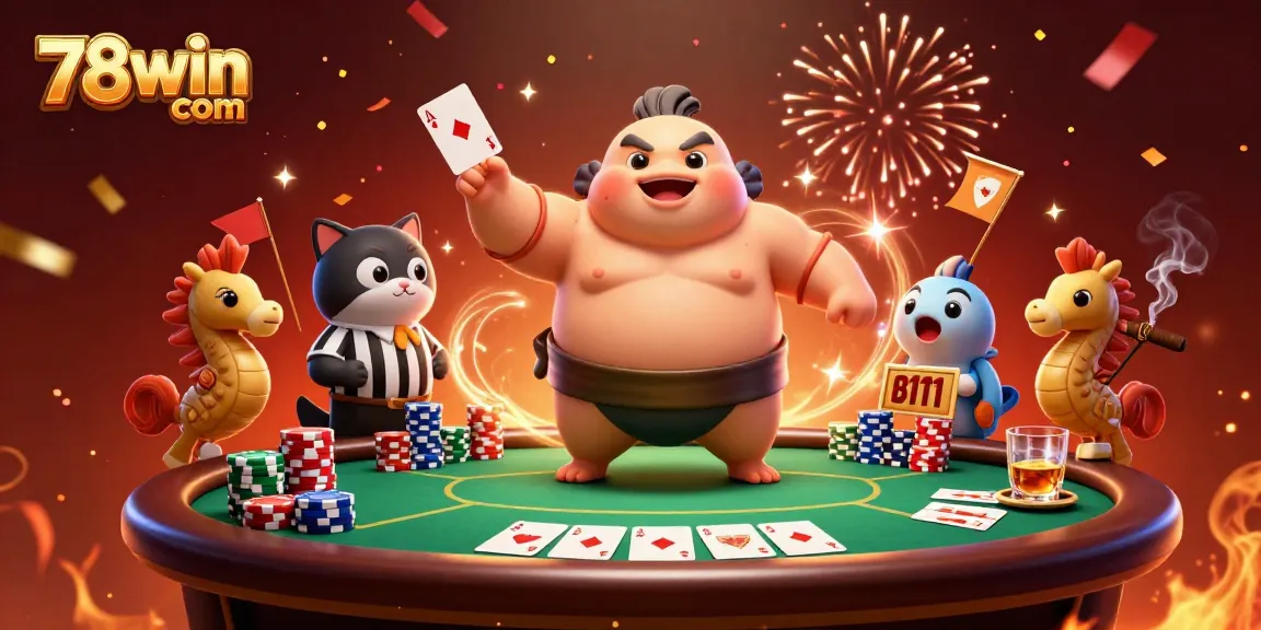 Experience the excitement of 78win com with a vibrant underwater poker scene featuring a blowfish sumo wrestler and catfish referee.